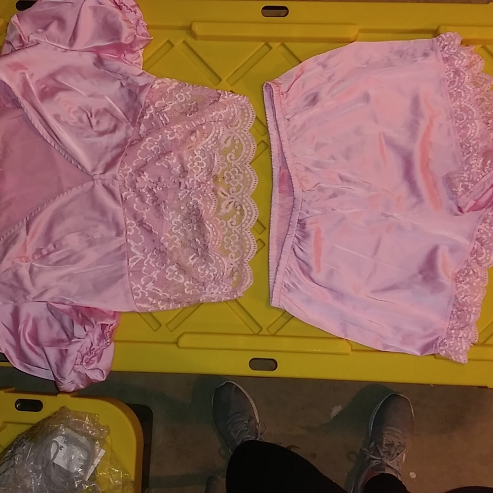 Satin and lace short sleeve top and shorts set